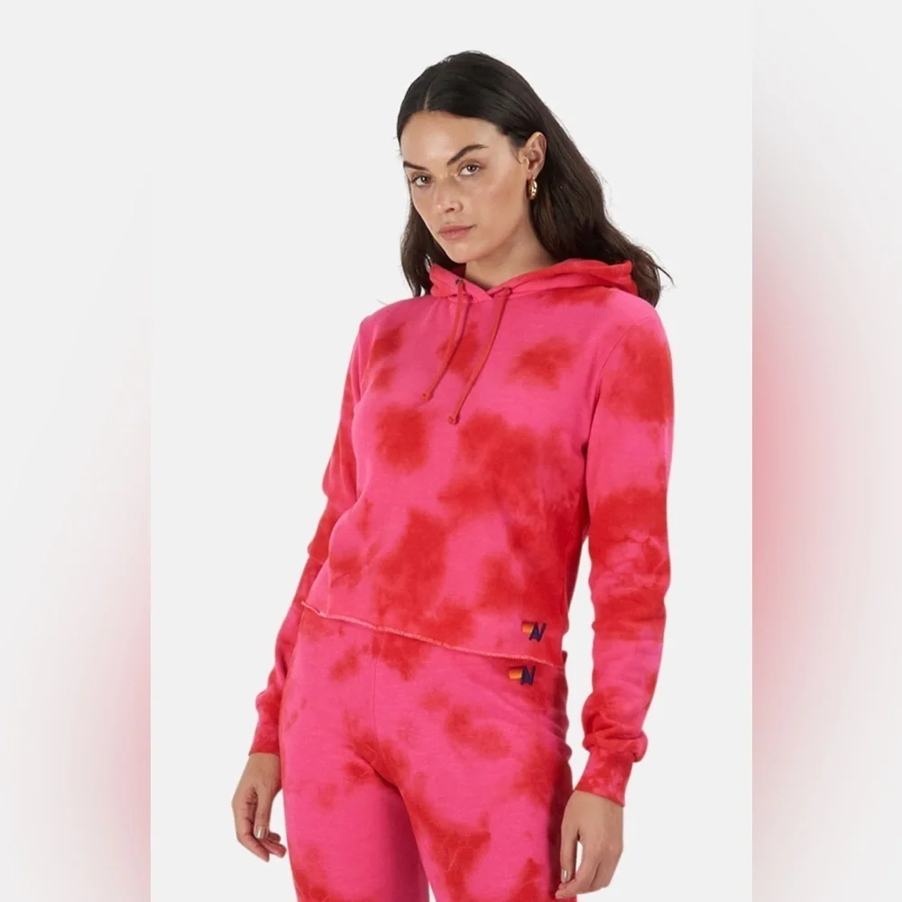 AVIATOR NATION NWT CROP PULLOVER HOODIE SWEATSHIRT in Tie Dye Crystal Red— M